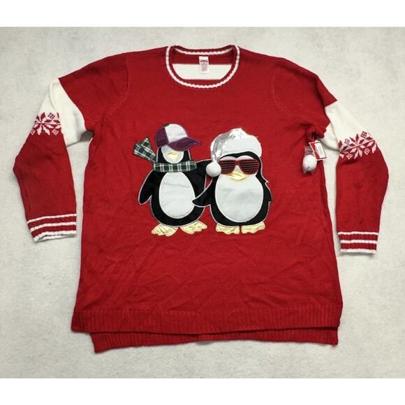 Holiday Time Womens 2X Christmas Sweater Penguin Felt Applique Red White - Picture 1 of 6